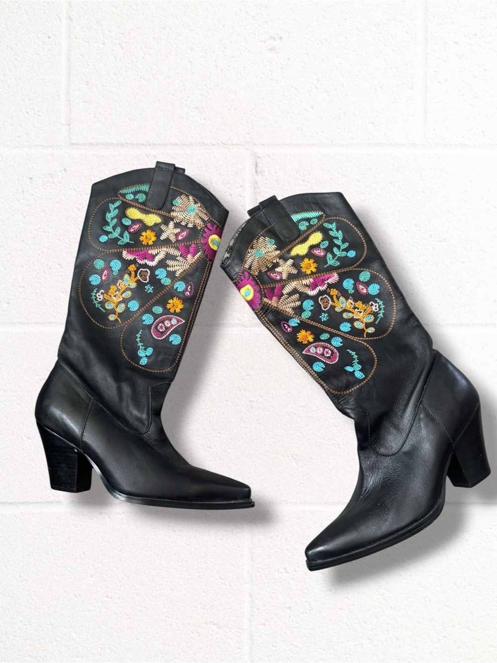 Two Lips Black Embroidered Western Heeled Boots